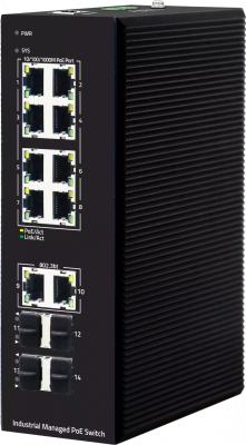 Коммутатор GIGALINK, L2, индустриальный на DIN рейку, 8 PoE 10/100/1000Мбит/с (af/at), 2 PoE 10/100/1000Мбит/с (BT), 2 SFP 1000Мбит/с, 2 SFP 2.5Гбит/с, 1 Console, питание 48В (блок питания поставляется отдельно 420 Ватт)